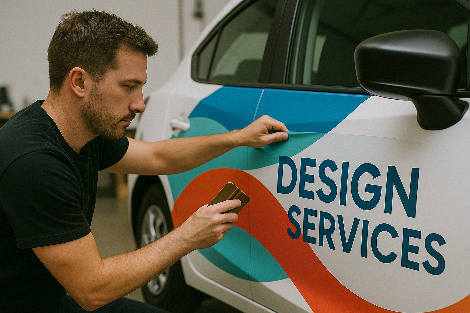 Man working on graphic design for custom signage project