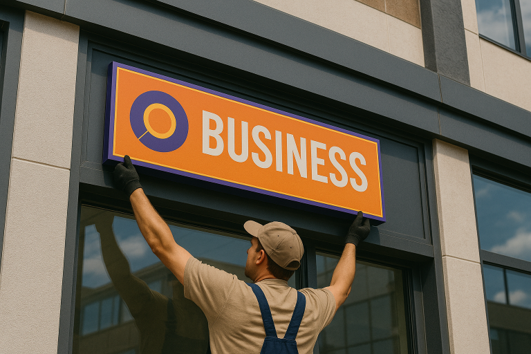 Sign installation crew mounting exterior branding sign above storefront entrance