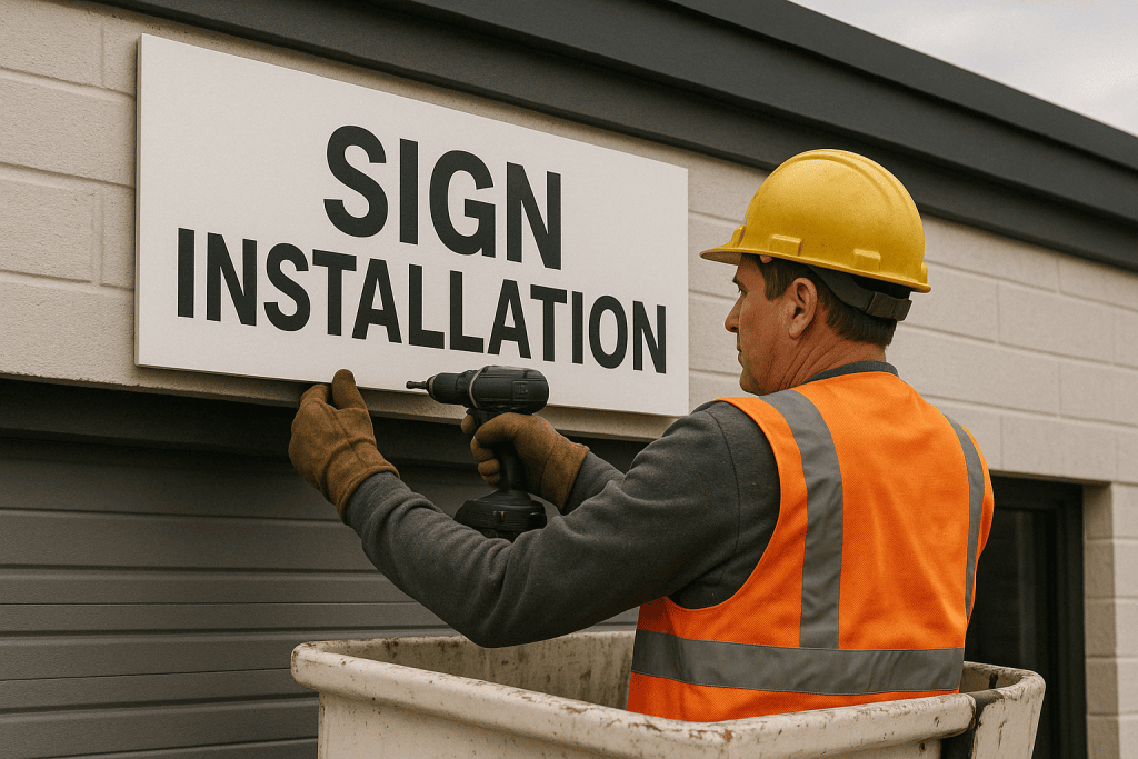 Sign installation by construction worker on building exterior.