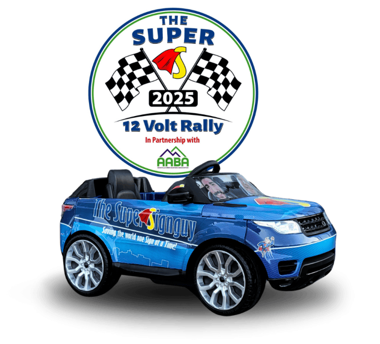 Custom car with The SuperSignguy branding and rally logo for vehicle wraps and signage.
