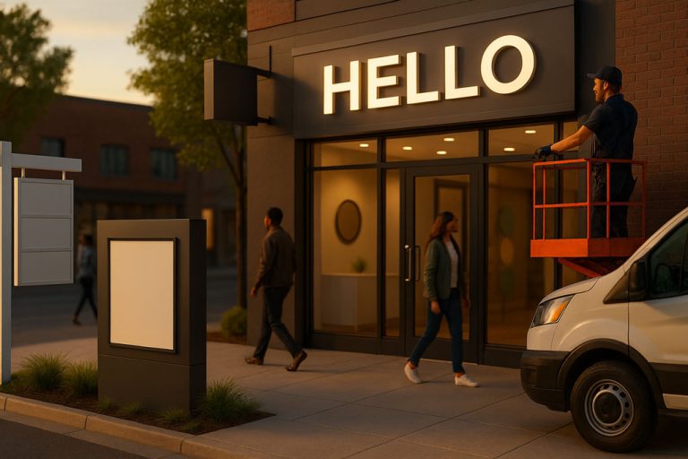 Bright storefront with illuminated "HELLO" sign, welcoming pedestrians and showcasing professional signage installation.