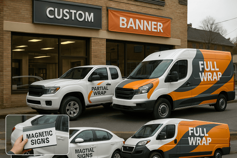 Discover the pros of magnetic signs, partial wraps, and full wraps—when to choose car magnet signs or a vinyl sign solution—to boost local sales on any budget.