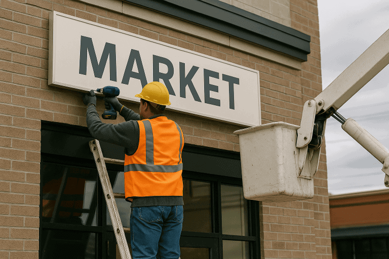 Worker in safety vest and hard hat installing a MARKET storefront wall sign on a brick building—professional business sign installation service.